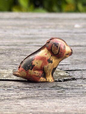 Vintage Tin Litho Toy Sitting Dog Original Paint 1.5" tall Miniature